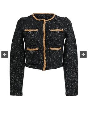 Self-Portrait Black Tweed Cropped Jacket with Gold Trim